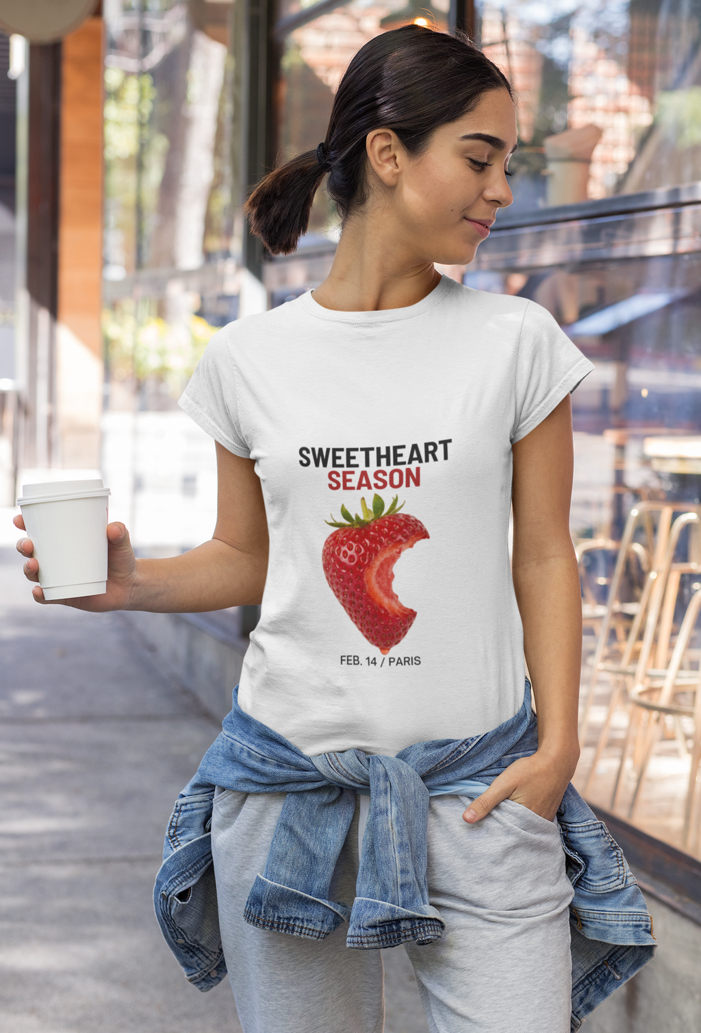 Sweetheart Season Strawberry  Unisex T-Shirt — Valentine’s Day Cute Bite Graphic Tee